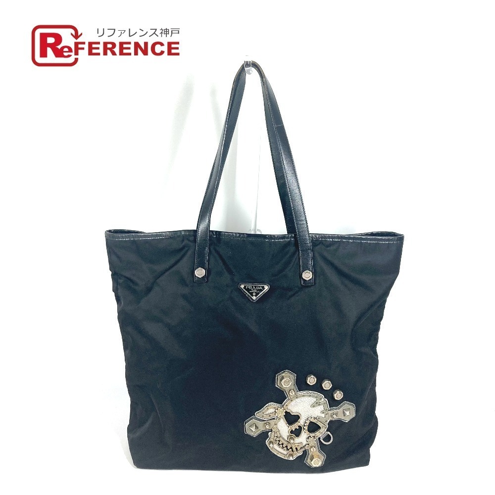 PRADA Skull Logo Shoulder Bag Tote Leather Black